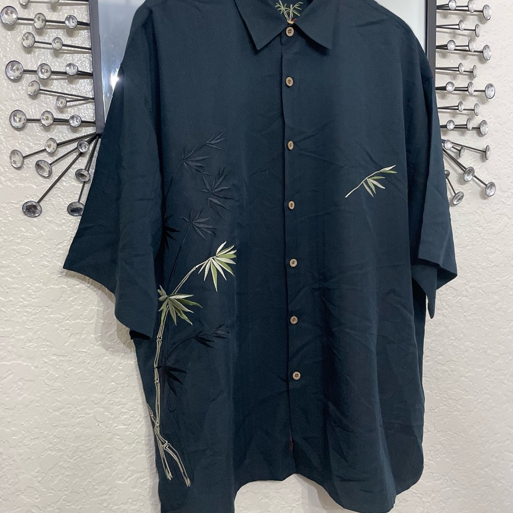 Men's Black Bamboo embroidered button down Shirt XXL
